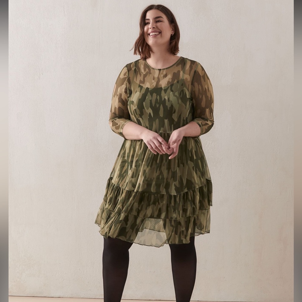 Camo print mesh dress with olive slip dress.